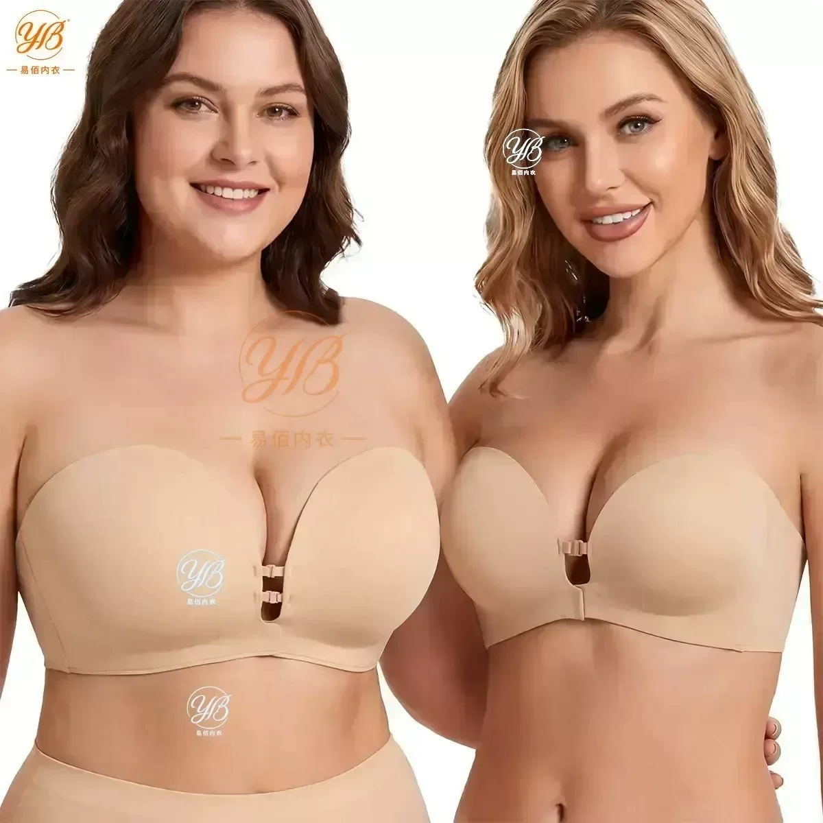 YB Womens Strapless Front Closure Bra Push Up Lift Bra Padded Add Cup Non Slip Anti-Slip Grip & Removable Straps Fit Outfits Wireless Supportive Seamless Comfortable