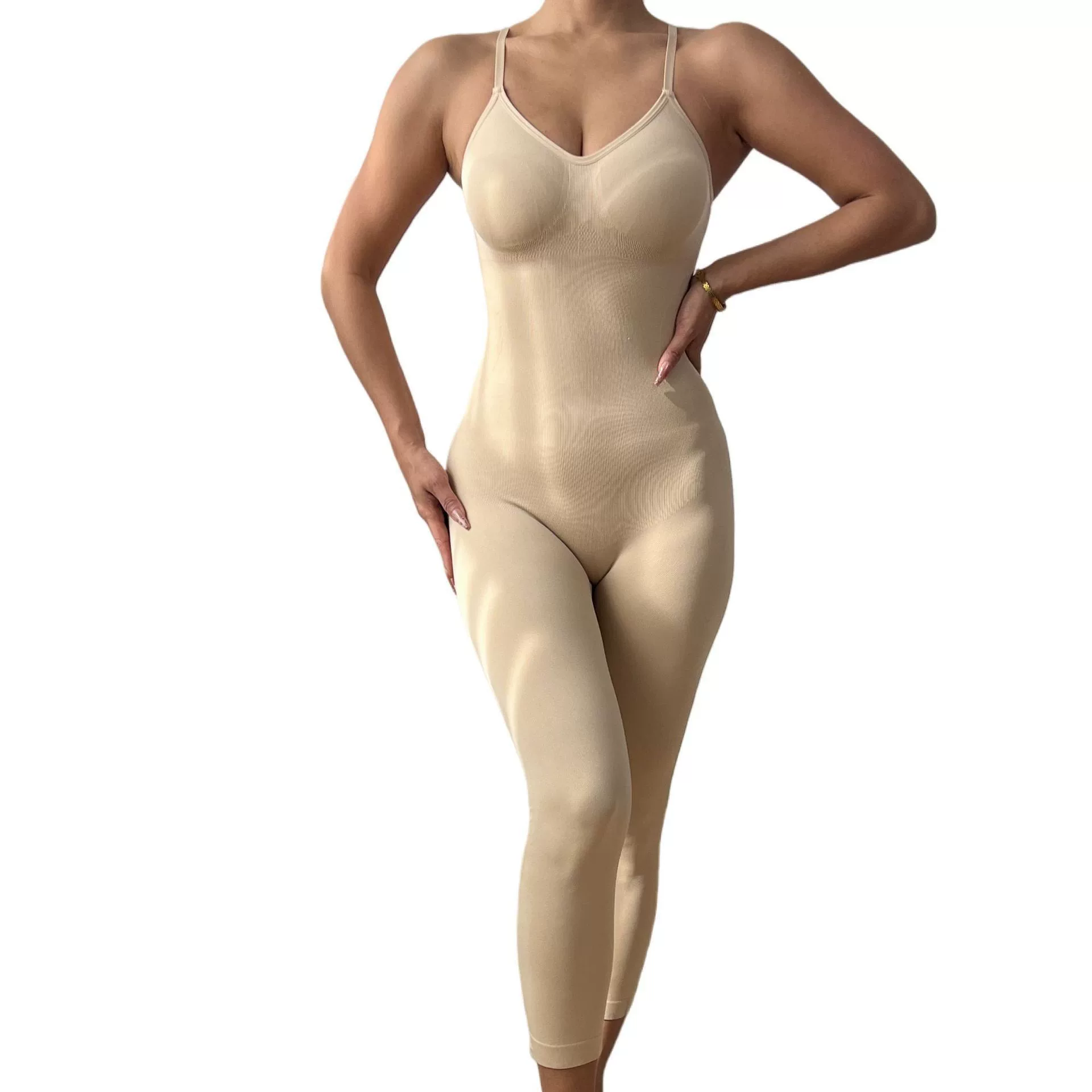 Ladies\' seamless halter body-shaping jumpsuit, with a cinched abdomen, cinched waist, lifted buttocks, open-crotch, eight-piece pants, tight body-shaping garment